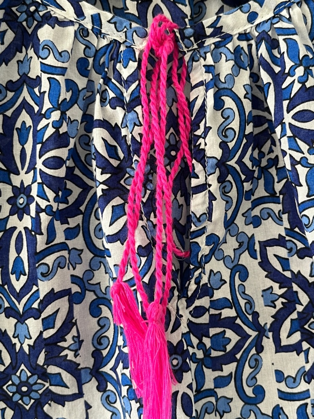 Milly Blue and White Printed Peasant Blouse with Pink Tassel - Picture 4 of 15